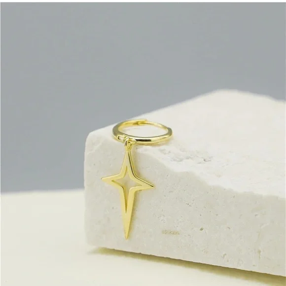 Sterling Silver Hinged Hoop 4 Point Star Cross Drop Hoop Earrings - Picture 2 of 6